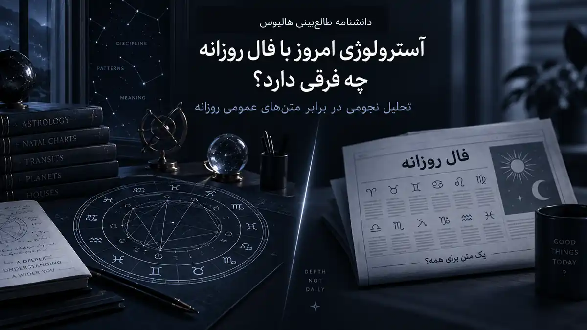کاور هالیوس درباره تفاوت آسترولوژی امروز با فال روزانه، با چارت تولد و روزنامه فال در فضایی تیره و ادیتوریال.