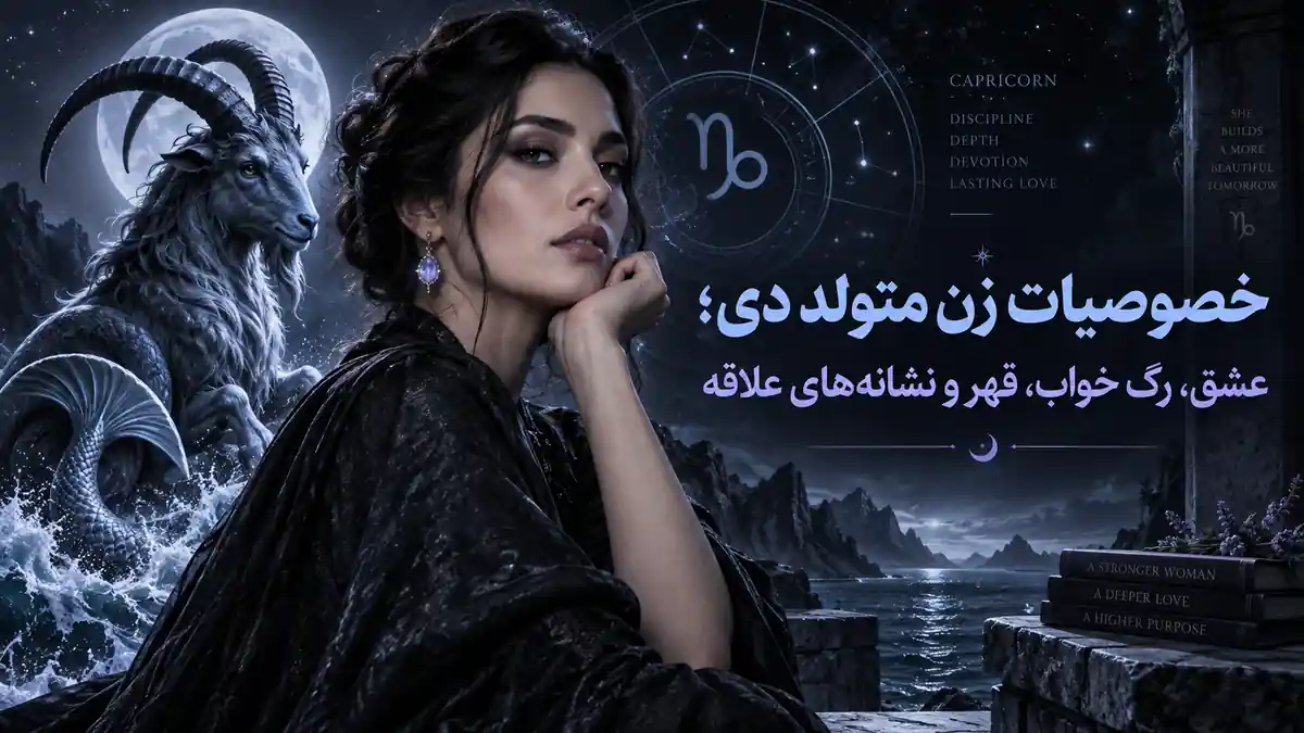 کاور خصوصیات زن متولد دی؛ پرتره یک زن در کنار نماد جدی و بز کوهی در فضای شبانه با پالت سرد هالیوس.