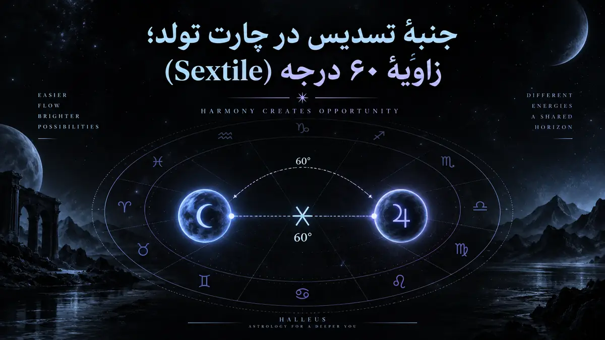 کاور آموزشی جنبه تسدیس؛ دو سیاره با زاویه ۶۰ درجه در چارت نجومی و پالت سرد هالیوس.