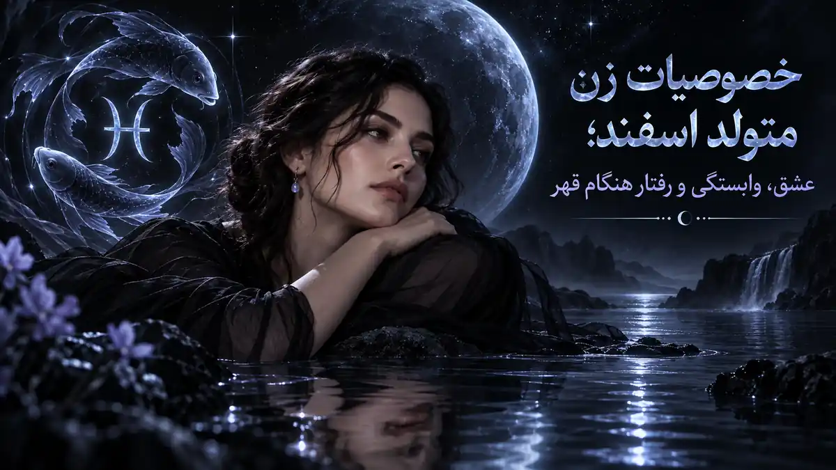 کاور تیره و نجومی برای خصوصیات زن متولد اسفند؛ پرتره یک زن در آب با نماد حوت، دو ماهی و ماه بزرگ در پالت سرد هالیوس.
