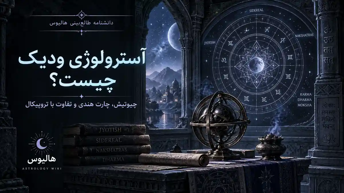 کاور آسترولوژی ودیک با چرخ نجومی، معماری الهام‌گرفته از هند و ابزارهای سنتی رصد در فضایی تیره.