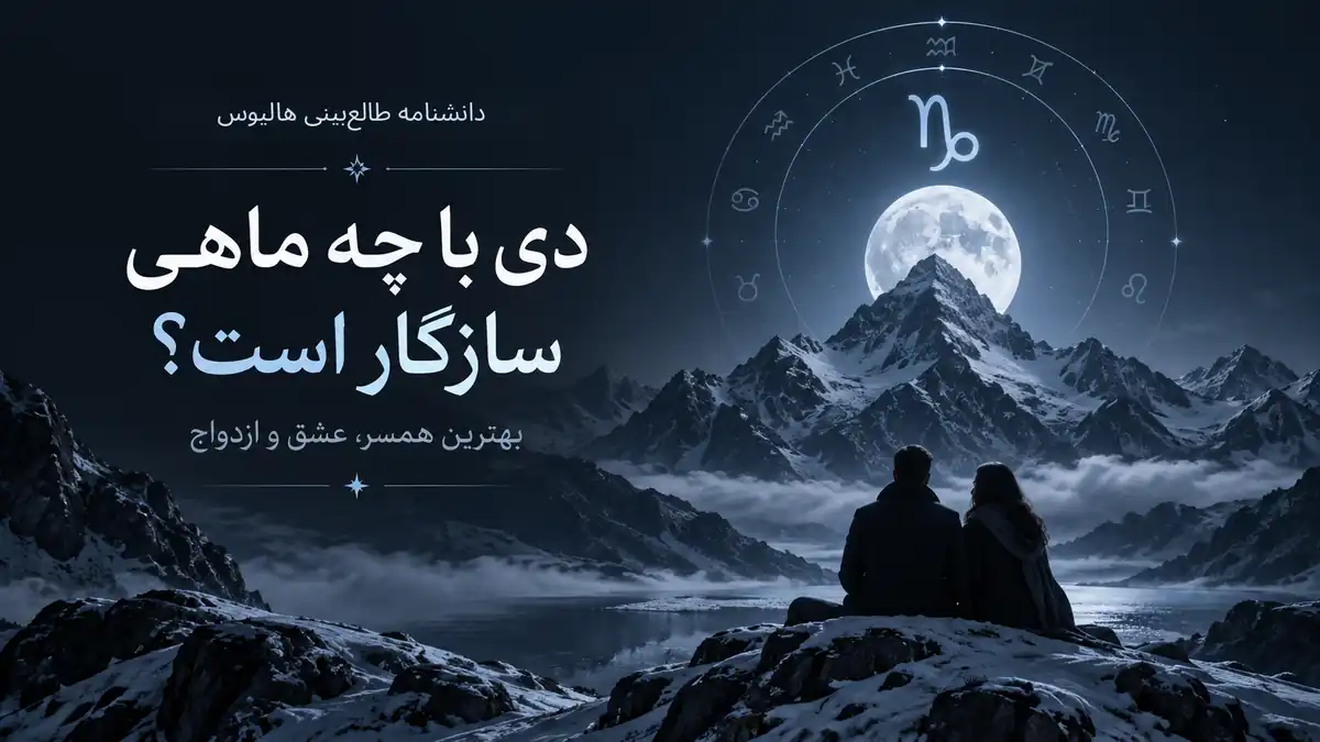 کاور هالیوس برای سازگاری متولد دی در عشق و ازدواج با نماد جدی، ماه و کوهستان.