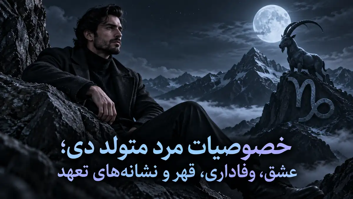 کاور خصوصیات مرد متولد دی؛ مردی در منظره کوهستانی شبانه با بز کوهی و نماد جدی در پالت سرد هالیوس.