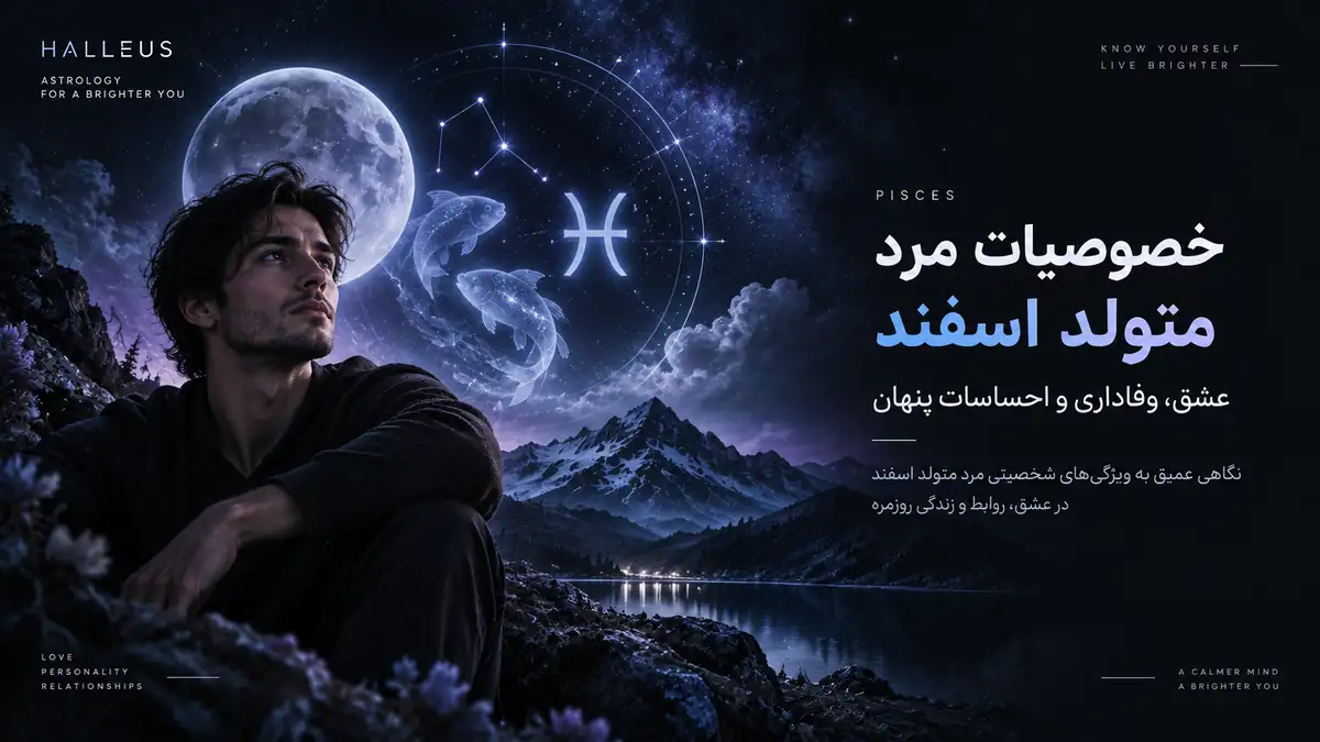 کاور تیره و نجومی برای خصوصیات مرد متولد اسفند؛ پرتره یک مرد در فضای شبانه با نماد حوت، دو ماهی و ماه بزرگ در پالت سرد هالیوس.