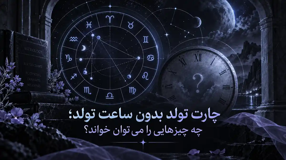 کاور آموزشی آسترولوژی برای چارت تولد بدون ساعت تولد؛ چرخ زودیاک، چارت نیمه‌کامل و یک ساعت مبهم در فضای شبانه با پالت سرد هالیوس.
