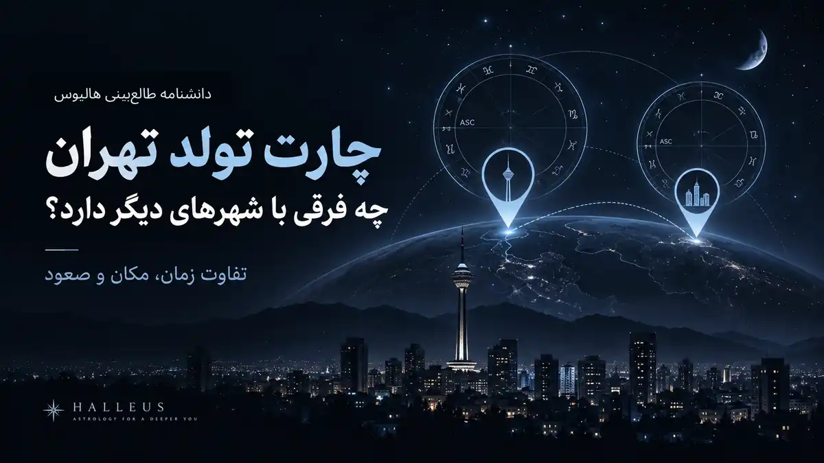 کاور هالیوس درباره تفاوت چارت تولد تهران با شهرهای دیگر، با نمای تهران و نشانههای مکان در چارت.
