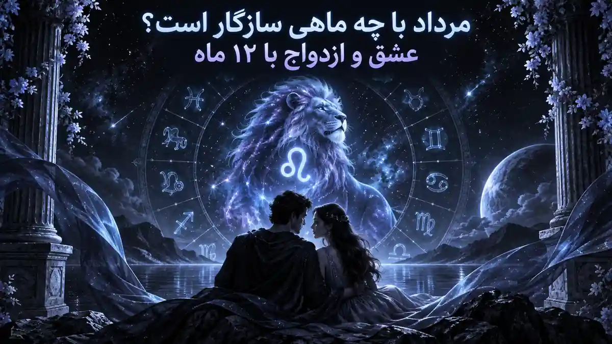 کاور سازگاری متولد مرداد؛ یک زوج در فضای شبانه با شیر و نماد اسد و چرخ زودیاک در پالت سرد هالیوس.