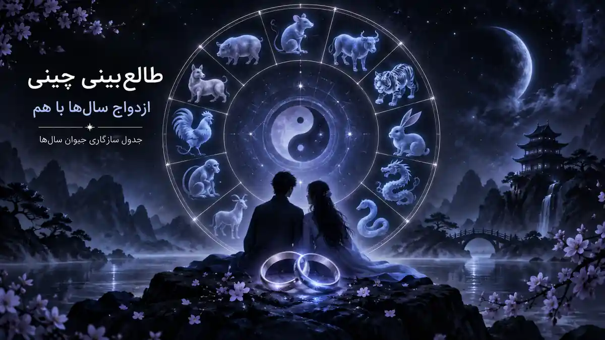 تصویری از یک زوج در فضای نمادین زودیاک چینی برای سازگاری ازدواج سالها با هم.