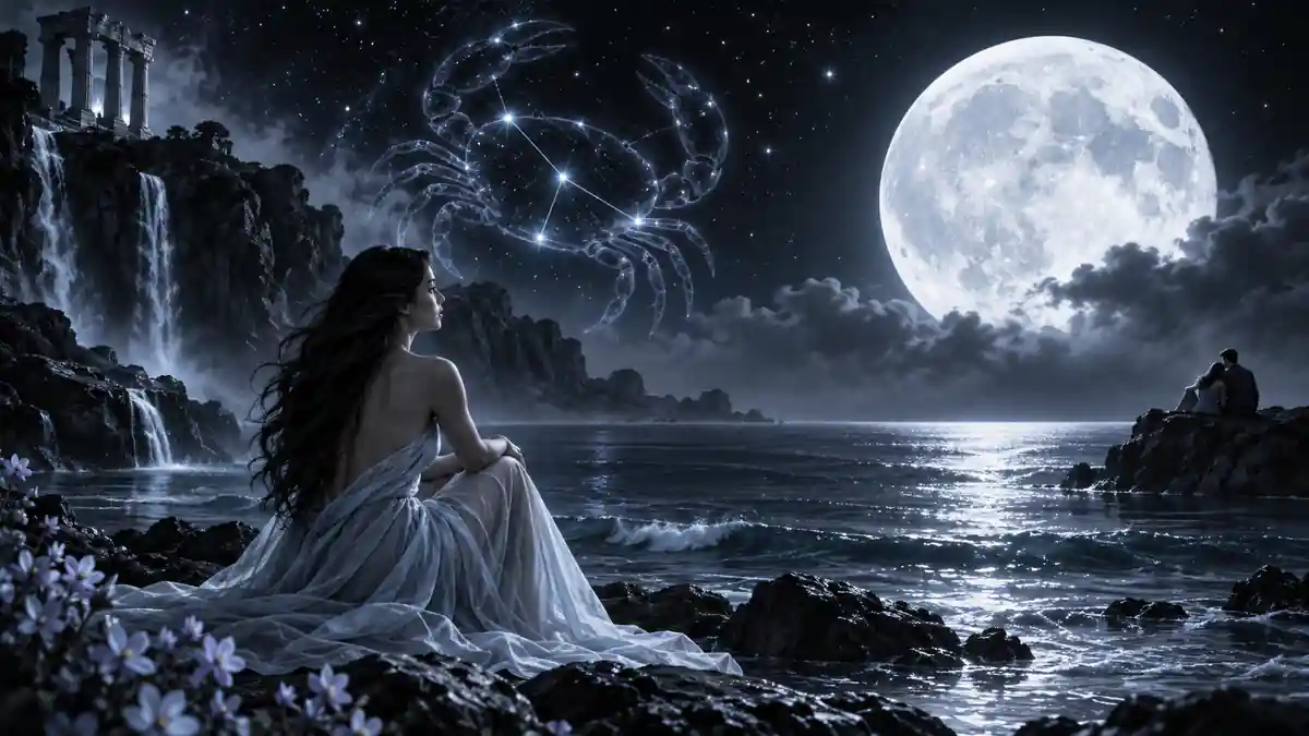 تصویری هنری از خرچنگ سرطان زیر ماه کامل برای سازگاری ازدواج زن متولد تیر.