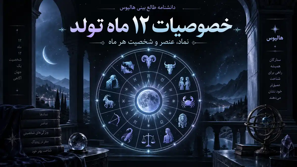 چرخ کامل دوازده نشان زودیاک در فضای شبانه برای راهنمای خصوصیات دوازده ماه تولد، نماد و عنصر هر ماه.