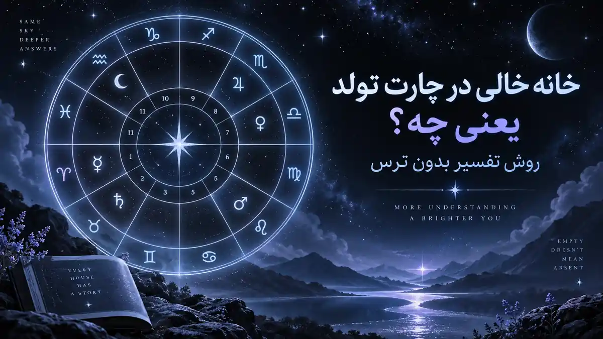 کاور آموزشی خانه‌های خالی در چارت تولد؛ چرخ ناتال با خانه‌های بدون سیاره در فضای کیهانی سرد.