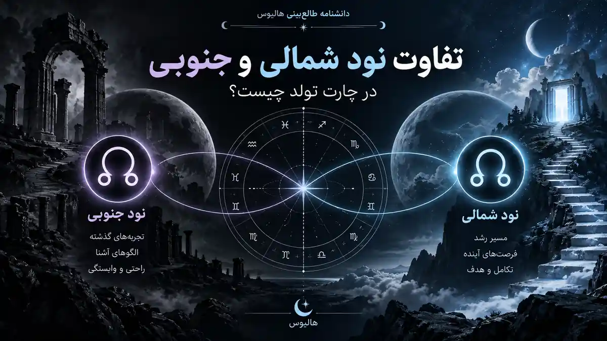 تصویری مقایسه‌ای از نود شمالی و جنوبی در چارت تولد با دو مسیر متقابل و چرخ نجومی مرکزی.
