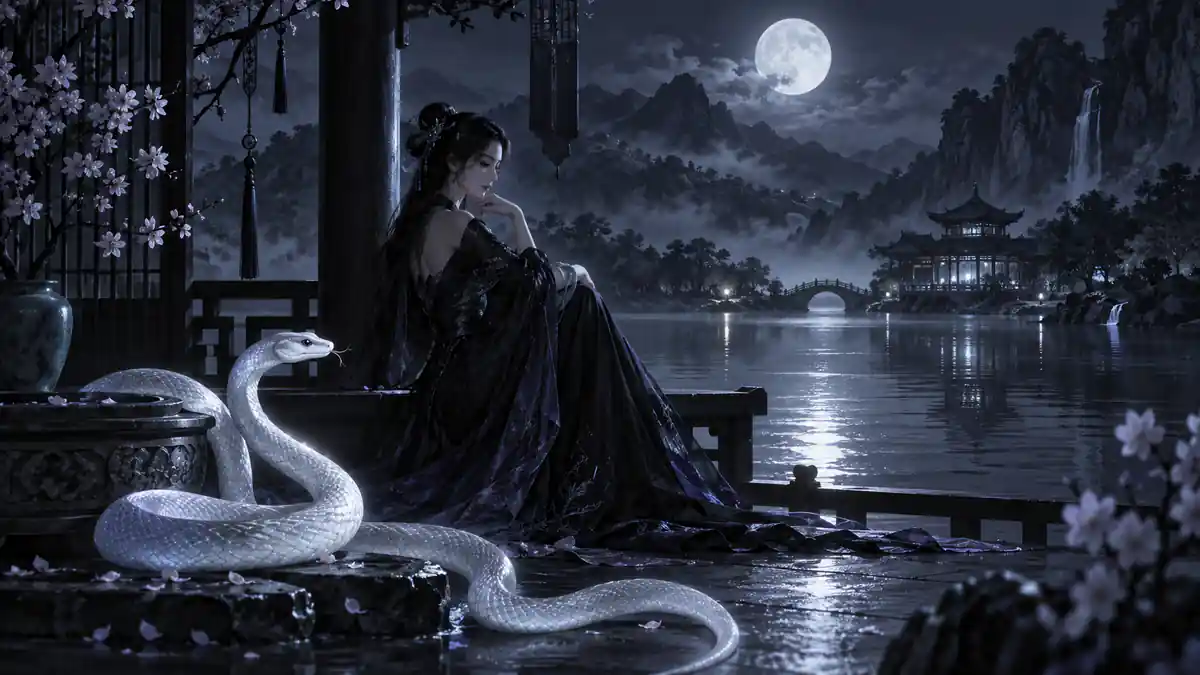 تصویری هنری از زن و مار نمادین زودیاک چینی در فضای شبانه برای خصوصیات زن متولد سال مار.